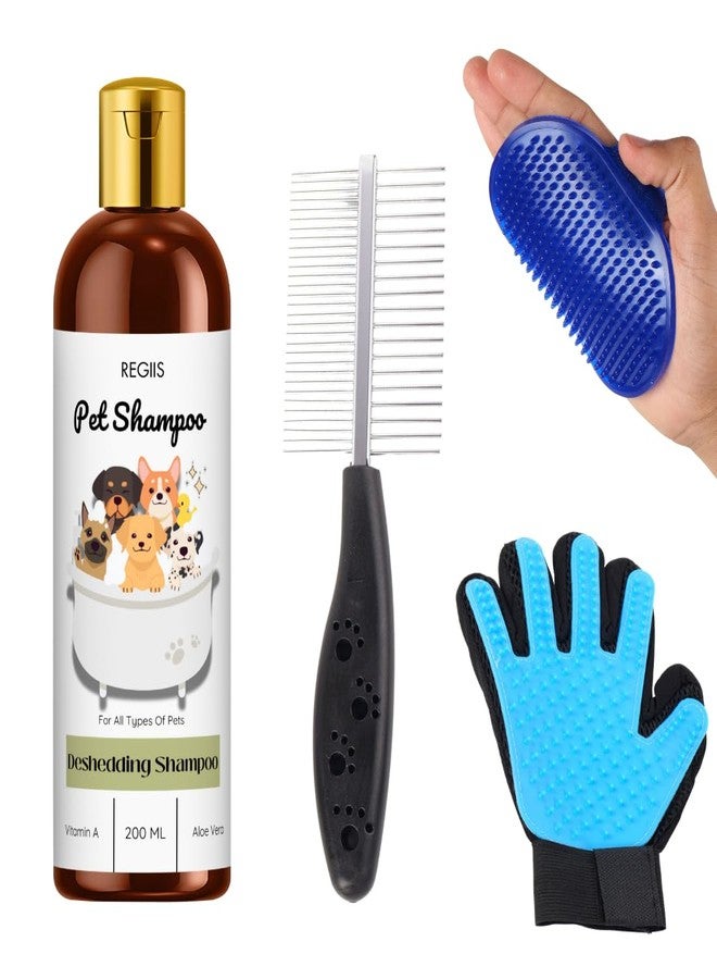 REGIIS Pet Grooming Kit with Deshedding Shampoo 200ml, Professional Brush, Comb and Glove Set for Dogs and Cats(Pack of 4) - Image 1